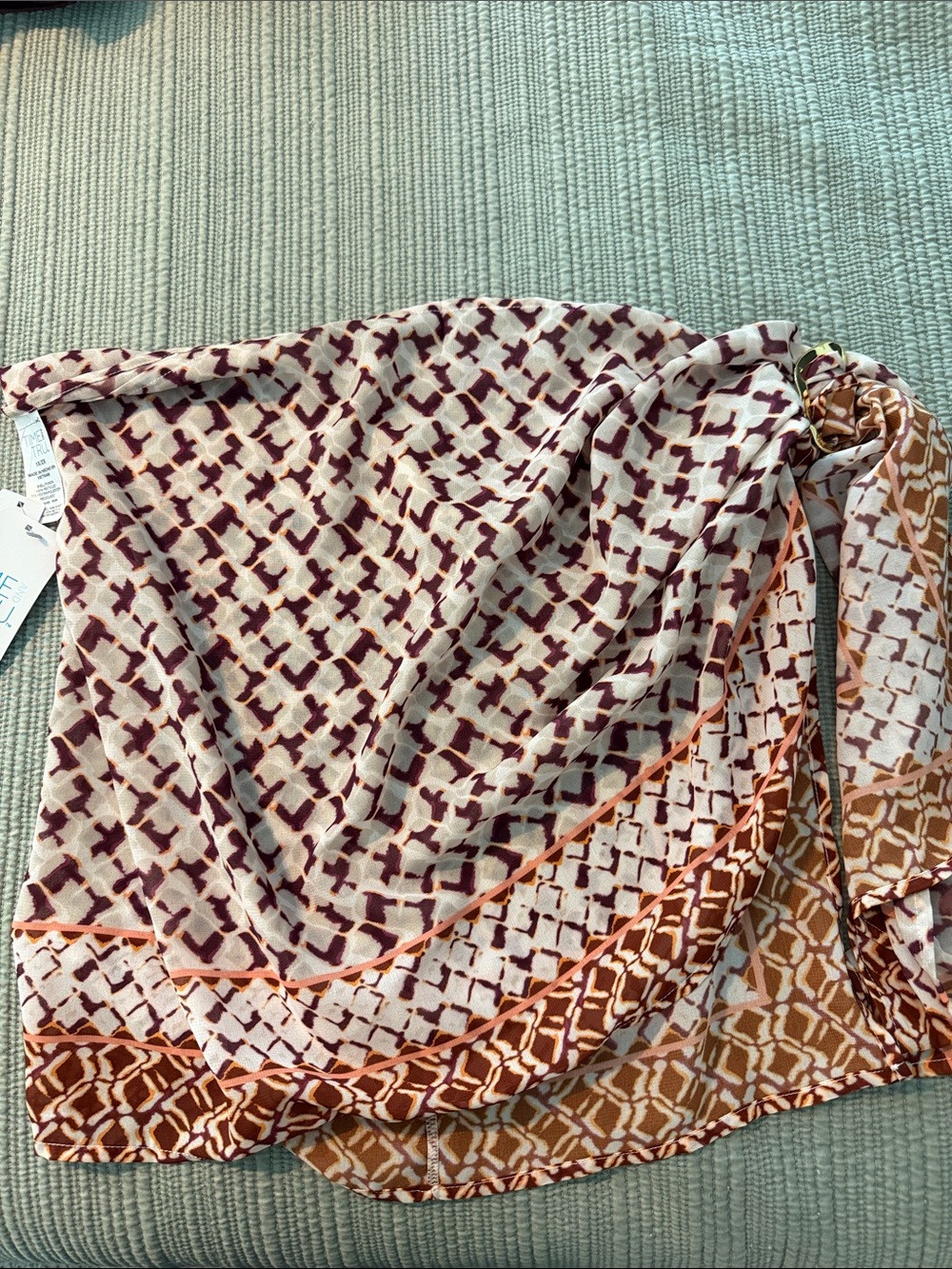 Time and Tru Multi-Pattern Swim Coverup Wrap - Burgundy, Rust & Cream